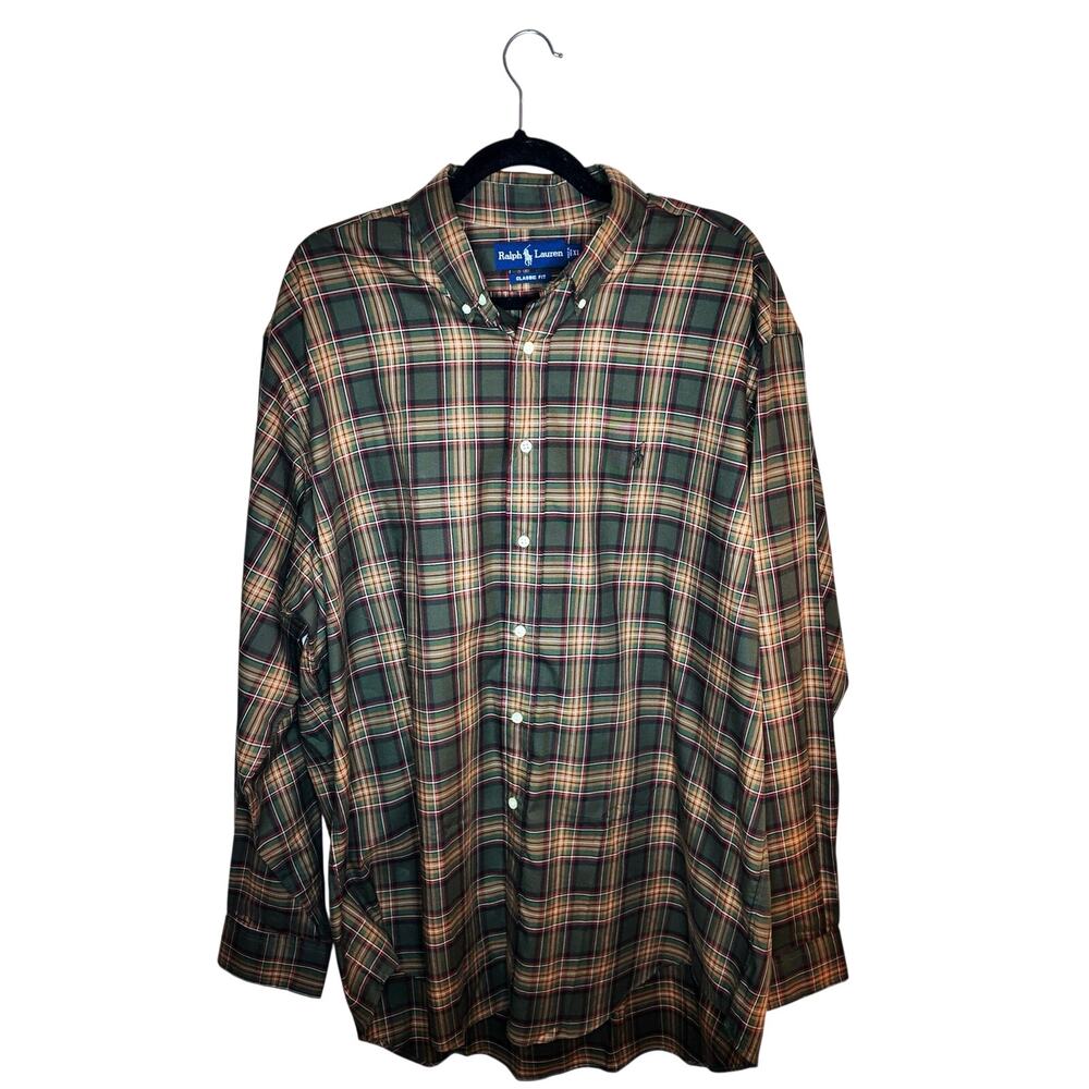 Ralph Lauren Classic Fit Green Plaid Button Down Shirt Men's Size XL